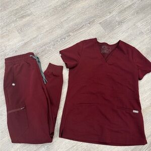Figs burgundy 3 pocket Scrub Top and Jogger Pants